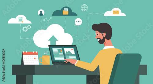 businessman using laptop computer upload and download information and data on cloud computing technology network, work from home and anywhere, vector flat illustration