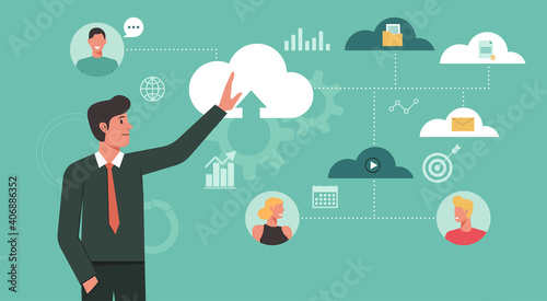 businessman connecting with other people and working together online and sharing file data information on cloud computing technology network, vector flat illustration