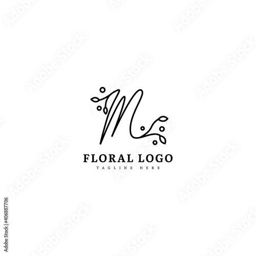 Initial M minimalis monogram logo with flourish ornament. Typography for company and business logo.