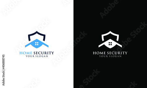 Home Protect logo design template. Vector shield and house logotype illustration. Graphic home security icon label. Modern building alarm symbol. Security sign badge isolated on white and black backgr
