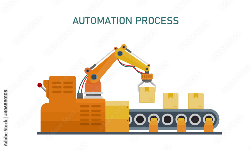Vector illustration of a robot operating in a packaging factory. Suitable for design elements from robotic technology background, factory automation, and production assistant robot.