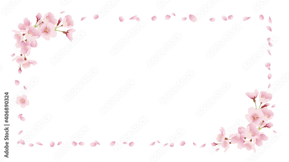 桜の背景素材 可憐、清楚イメージ タイトル枠（白背景 16:9比率）