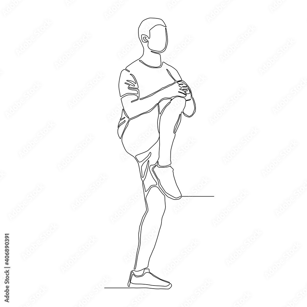 Fototapeta premium Continuous drawing line of a man lifting right knee and using 2 hands pull back close the chest. full length stretching body
