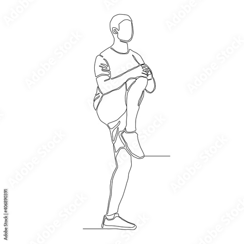 Continuous drawing line of a man lifting right knee and using 2 hands pull back close the chest. full length stretching body