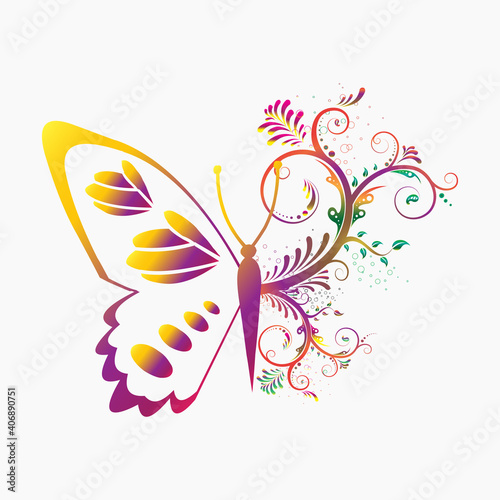 free to fly slogan with colorful flowers in butterfly half shape illustration