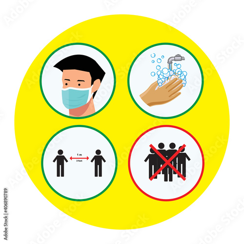 Warning symbols covering the face spacing hand disinfection