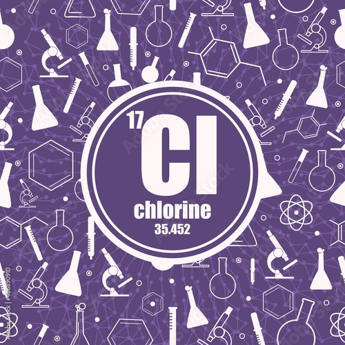 Chlorine chemical element. Sign with atomic number and atomic weight. Chemical element of periodic table. Connected lines with dots. Circle frame with icons.