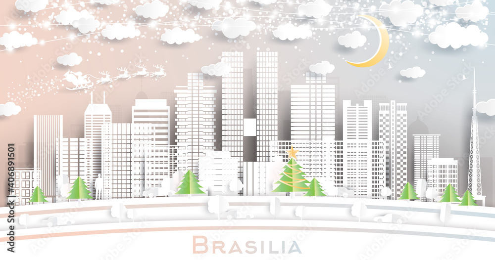 Brasília Brazil City Skyline in Paper Cut Style with Snowflakes, Moon and Neon Garland.