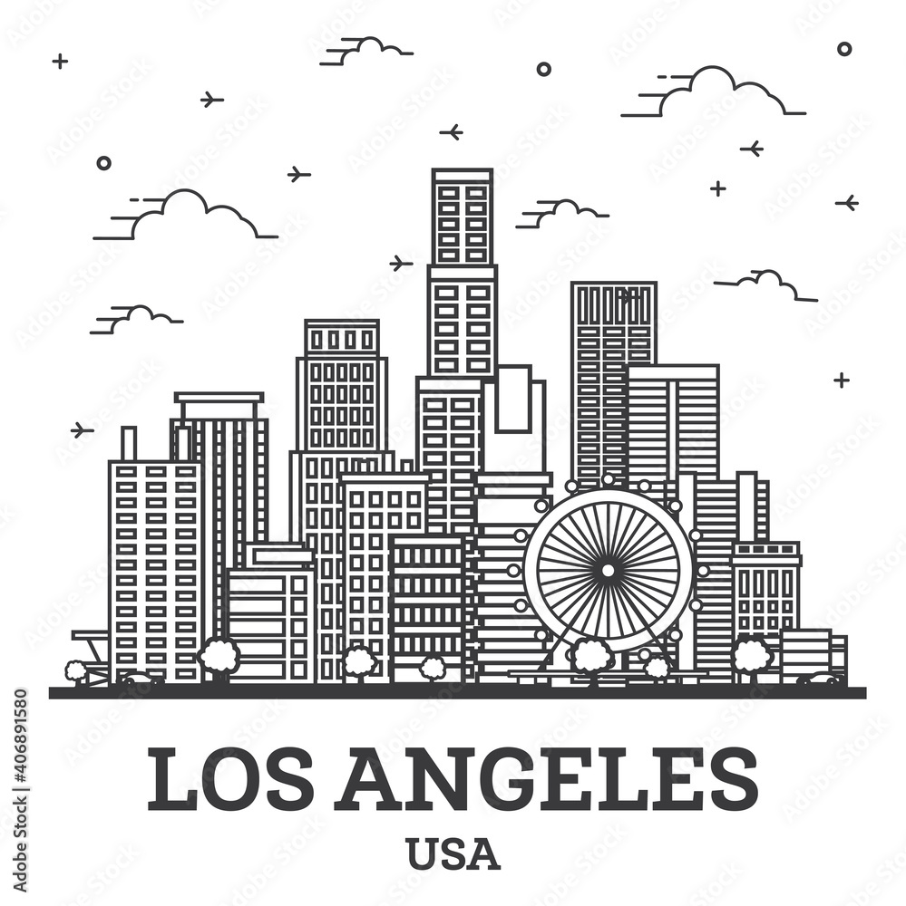Outline Los Angeles California USA City Skyline with Modern Buildings Isolated on White.