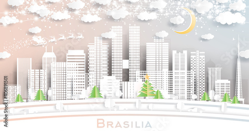 Bras  lia Brazil City Skyline in Paper Cut Style with Snowflakes  Moon and Neon Garland.