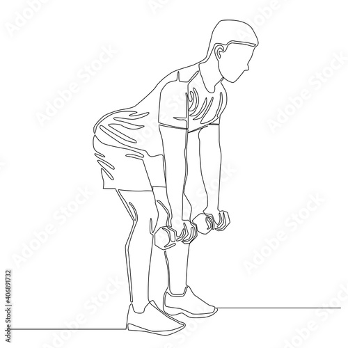 Continuous drawing line of man holding dumbbells with 2 hand , bend over body to the front and lift up hip. Deadlift concept