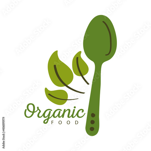 organic food, label with spoon and leaves on white background