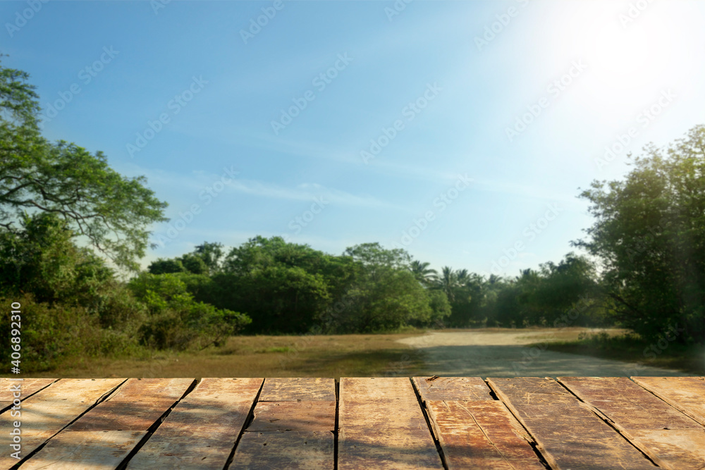 Wooden table on sky and tree background Wooden table on sky and tree background