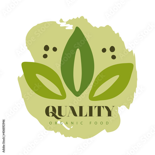 quality organic food, label with leaves on white background