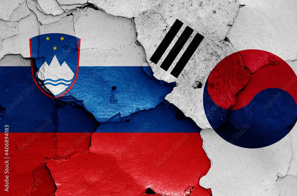 flags of Slovenia and South Korea painted on cracked wall