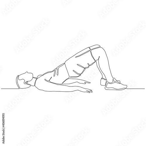 Continuous line of man doing Yoga in Bridge pose vector. Pelvic Curl exercise