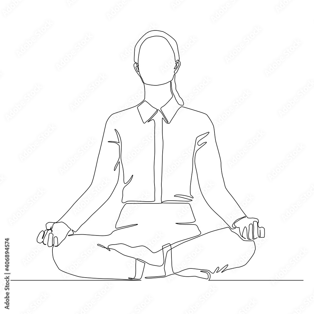 Continuous line of Business girl meditating in lotus pose. Yoga exercise vector. Continuous line of Business girl meditating in lotus pose. Yoga exercise vector.