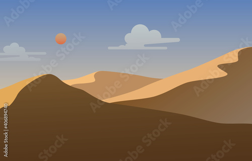 Landscape of the desert sunlight cloud and sun. Vector illustration
