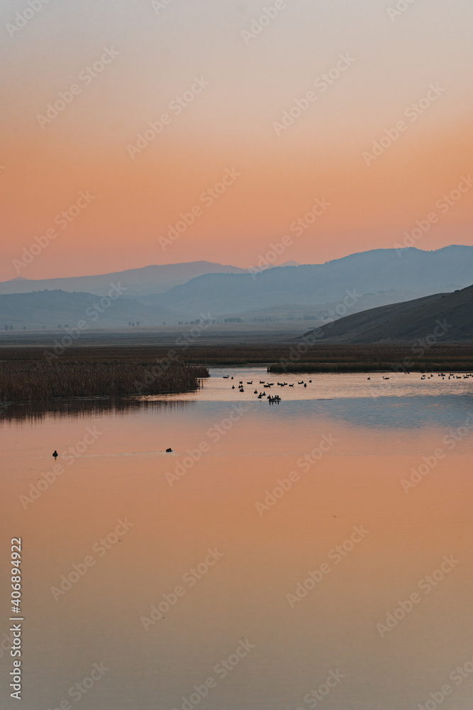 Fototapeta premium golden fiery sunrise over the meadow and the river reflections 