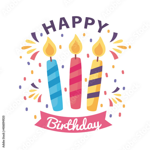 happy birthday badge with candles on white background