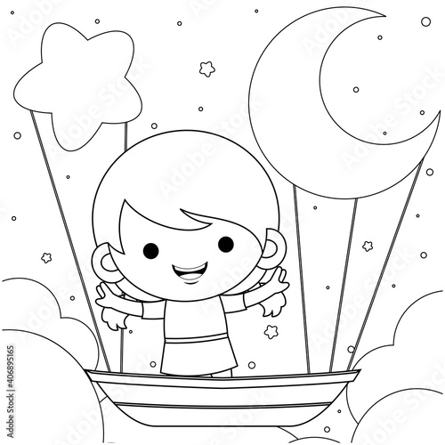Illustration vector graphic of coloring book for kids. Cartoon Cute Little Girl Riding On Flying Boat At Night Vector. Good to use for children coloring book.