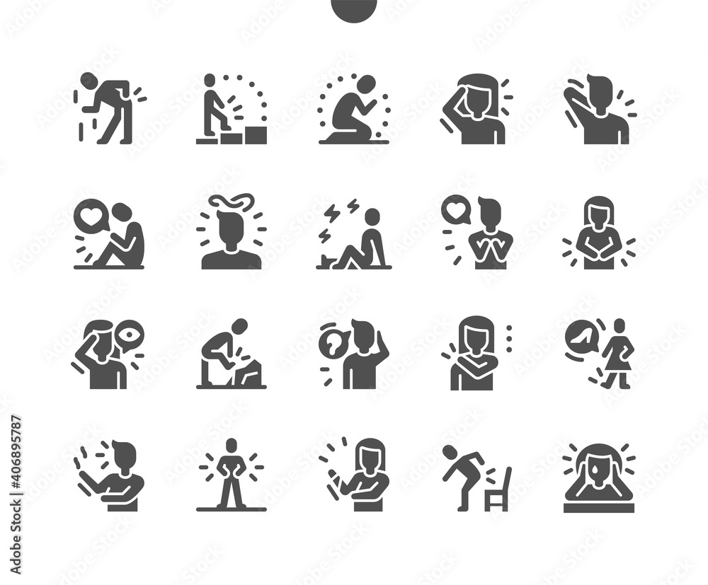 People in pain. Emotional and physical pain. Sadness, confused thoughts and cry. Backache, heart pain, headache, earache, bone fracture. Vector Solid Icons. Simple Pictogram