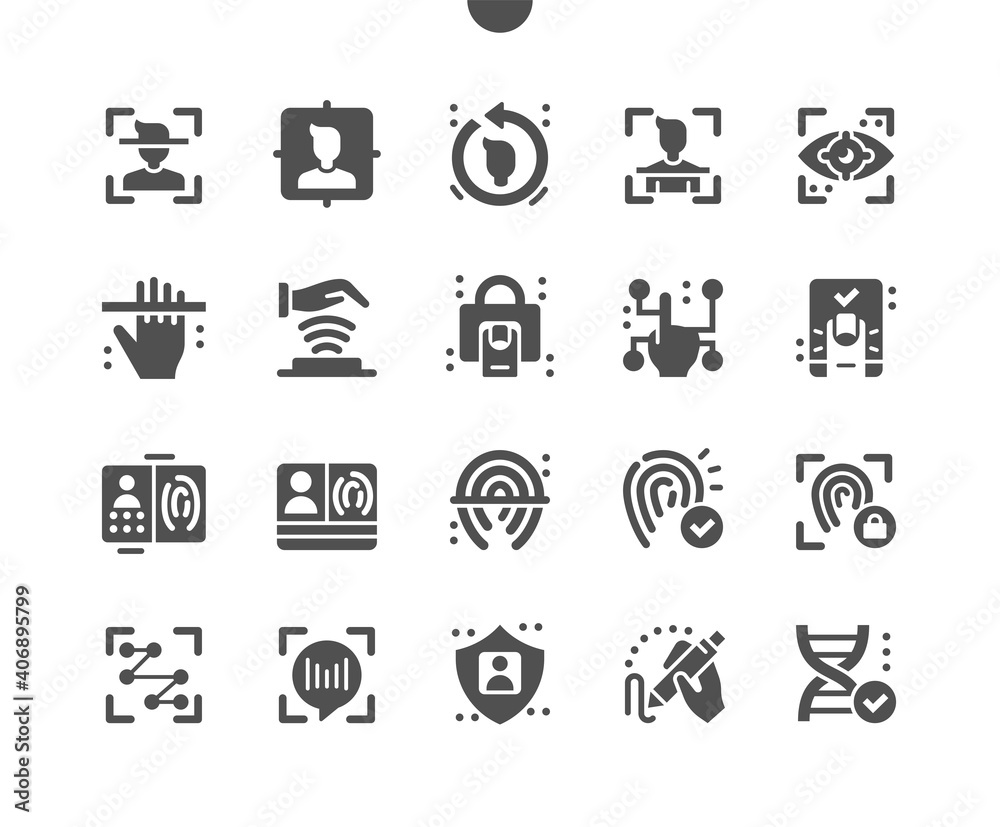 Biometrics. Fingerprint, voice identification. Person scanning. Biometric passport and documents. Human data protection. Face scan. Vector Solid Icons. Simple Pictogram