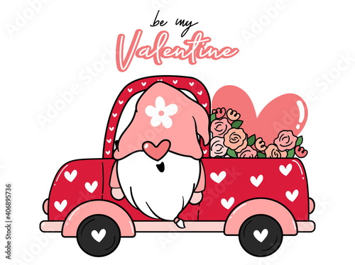 Valentine Gnome in Flower and heart red truck car, Be my Valentine, cute cartoon flat vector clip art idea for Valentine card, printable stuff