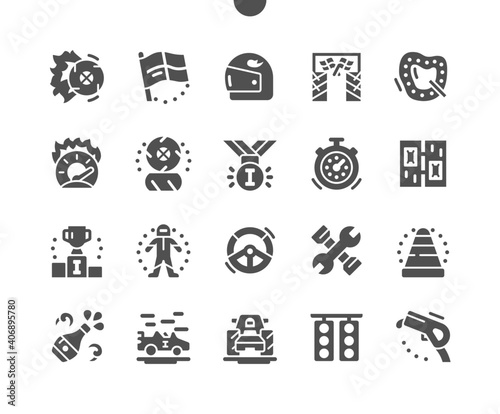 Motor races. Wheel replacement. Traffic light for racing. Medal, helmet, timer, race, finish and win. High speed. Racing car. Vector Solid Icons. Simple Pictogram