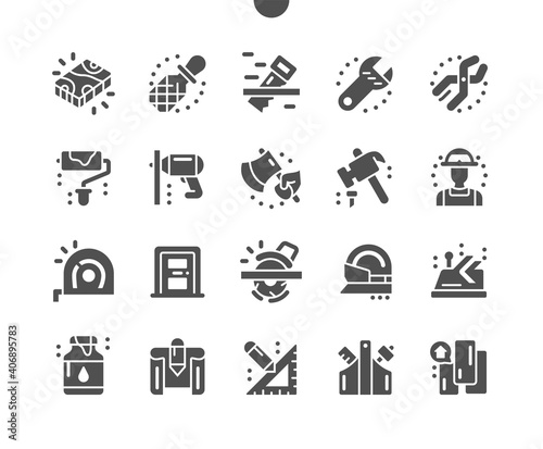 Carpenter. Wooden boards and instruments. Builder equipment store. Electric saw, drill, hammer, paint roller, tape measure and chisel. Vector Solid Icons. Simple Pictogram
