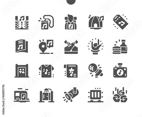 Music festival. Live performance. Party in park, camp. Food and drink. Festival access badge. Booklet with the schedule. Spotlight, star trailer and music scene. Vector Solid Icons. Simple Pictogram