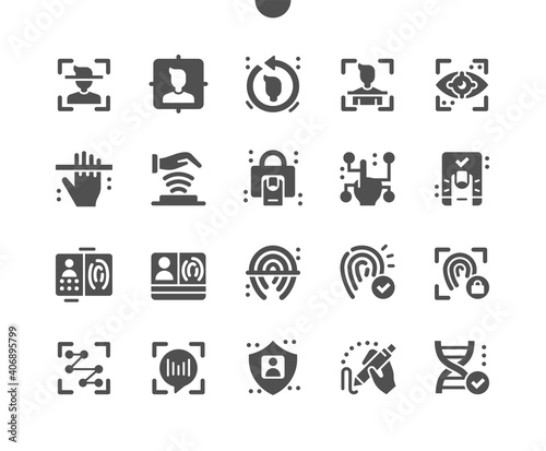 Biometrics. Fingerprint, voice identification. Person scanning. Biometric passport and documents. Human data protection. Face scan. Vector Solid Icons. Simple Pictogram