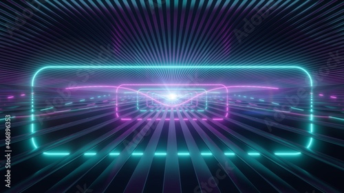 Pink Blue Neon Laser Beam Glows in Reflective Stripe Line Tunnel Room - Abstract Background Texture