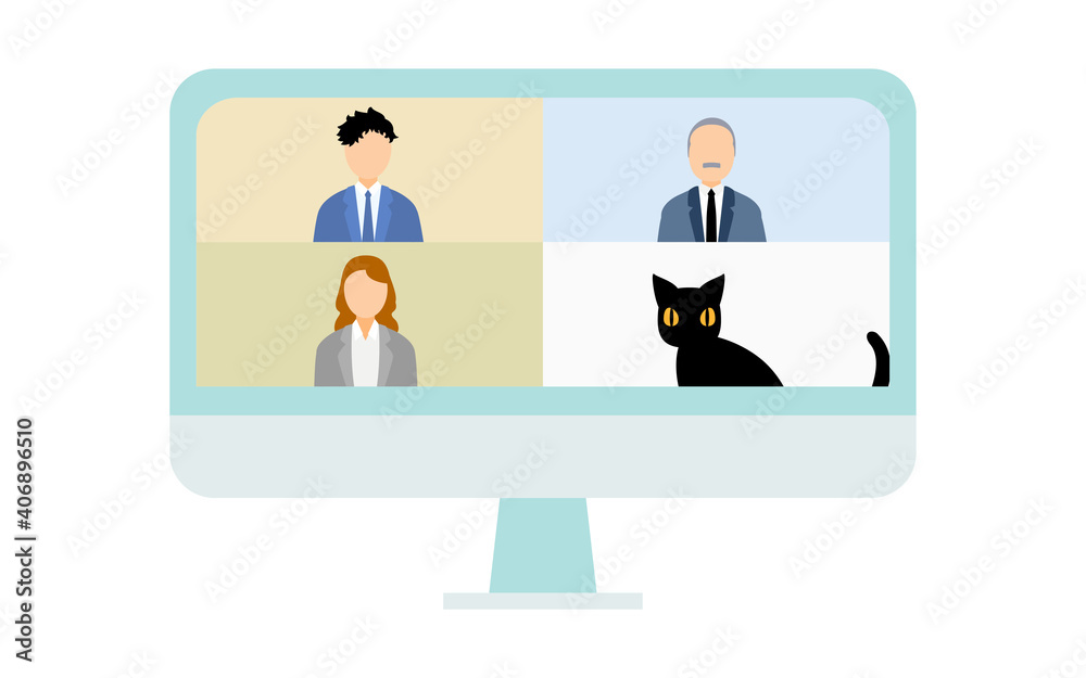 オンラインミーティングにネコが紛れ込んだイラスト オンラインミーティングにネコが紛れ込んだイラスト