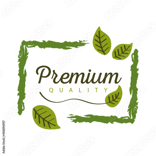premium quality food, label with leaves on white background