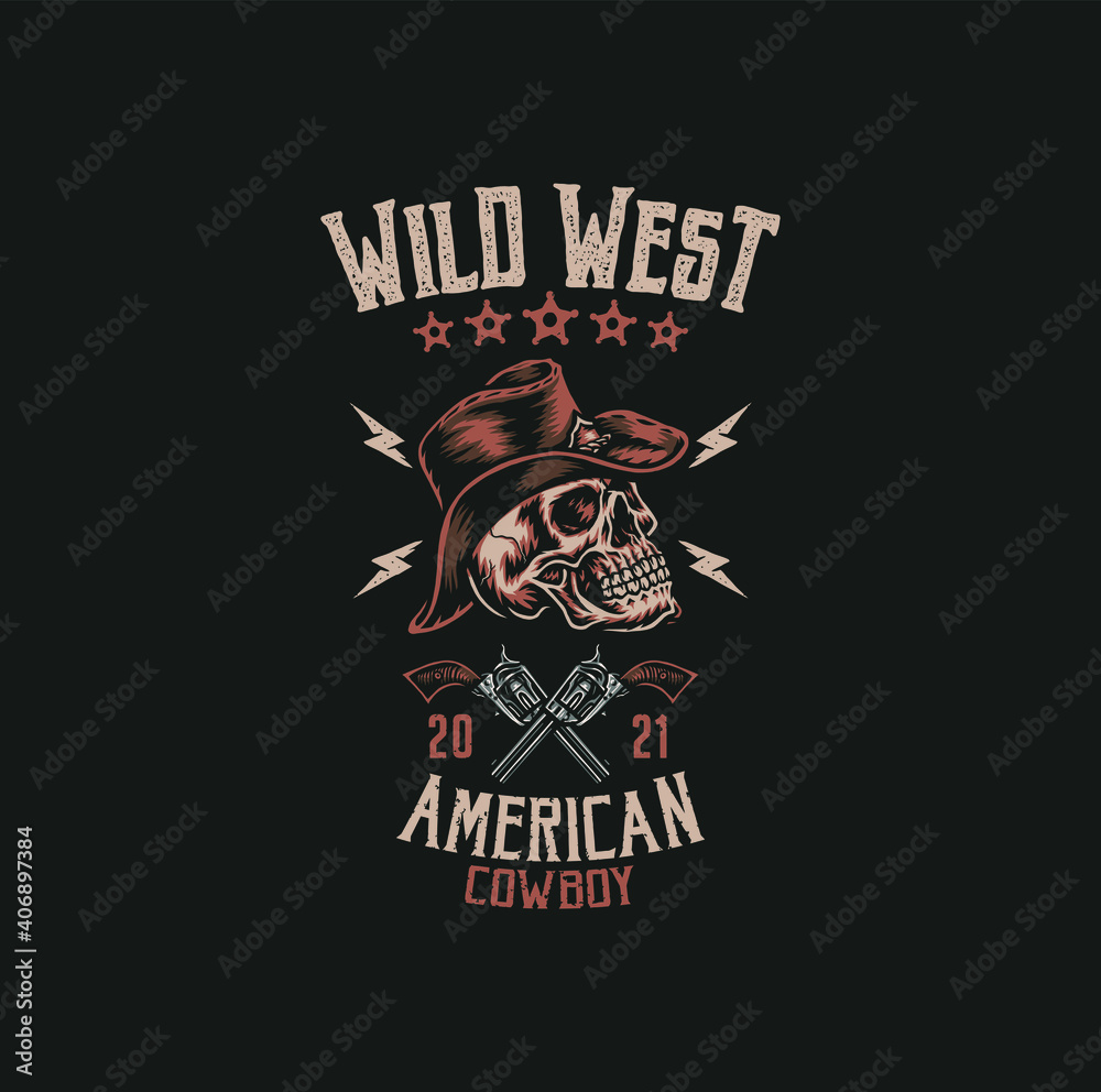 Fototapeta premium Cowboy skull t shirt graphic design , hand drawn line style with digital color, vector illustration