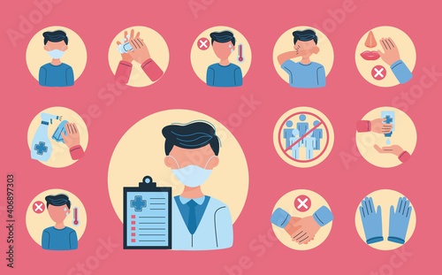 icons of covid19 prevention over red background