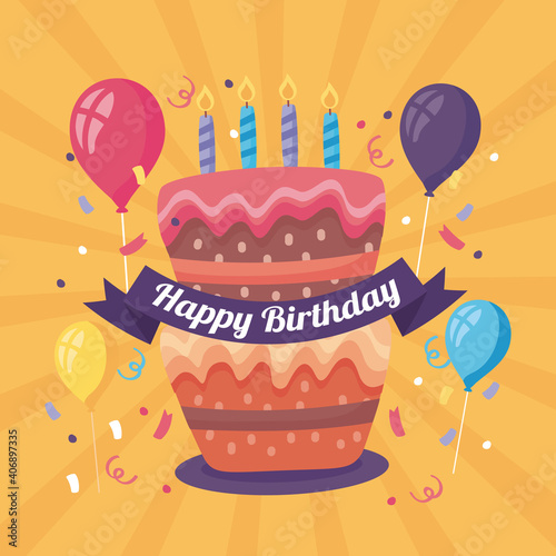 happy birthday poster with delicious cake and balloons helium decoration