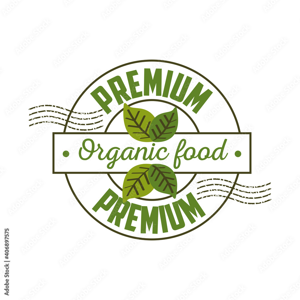 premium organic food, label with leaves in white background premium organic food, label with leaves in white background