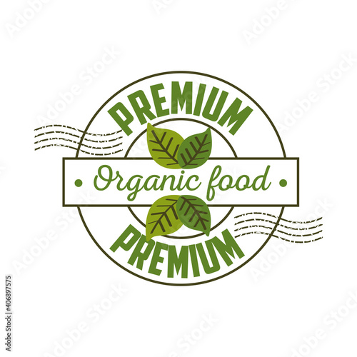 premium organic food, label with leaves in white background