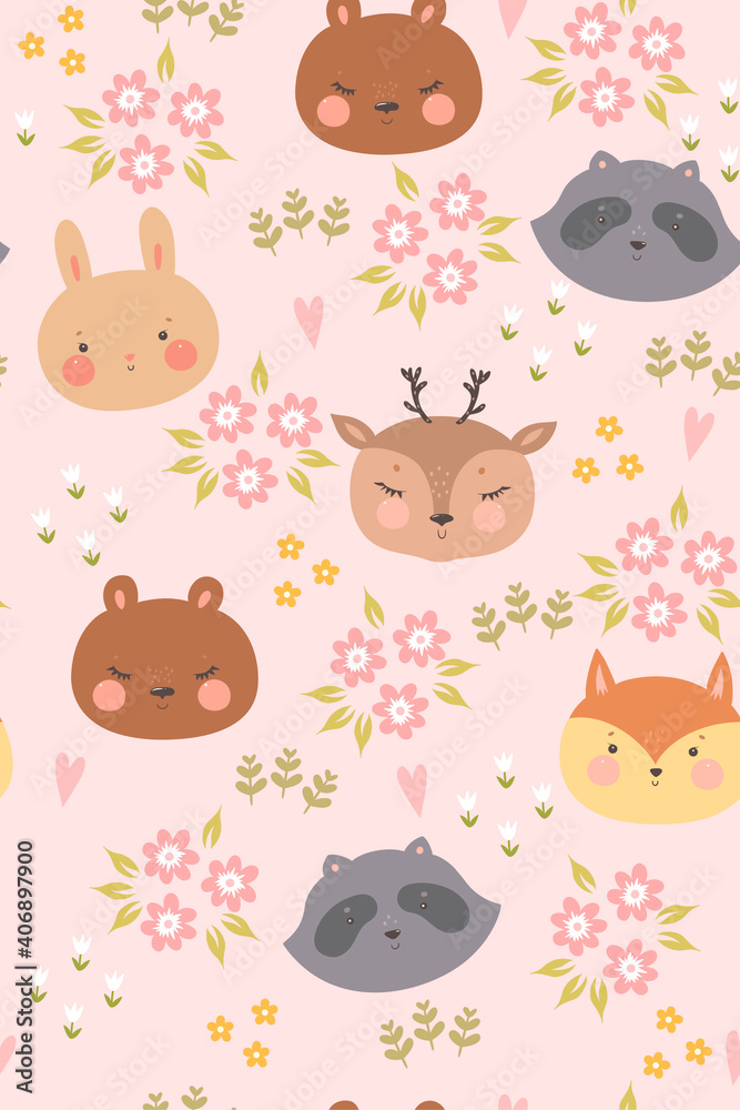 Childish seamless pattern with cute spring animals. Vector graphics.