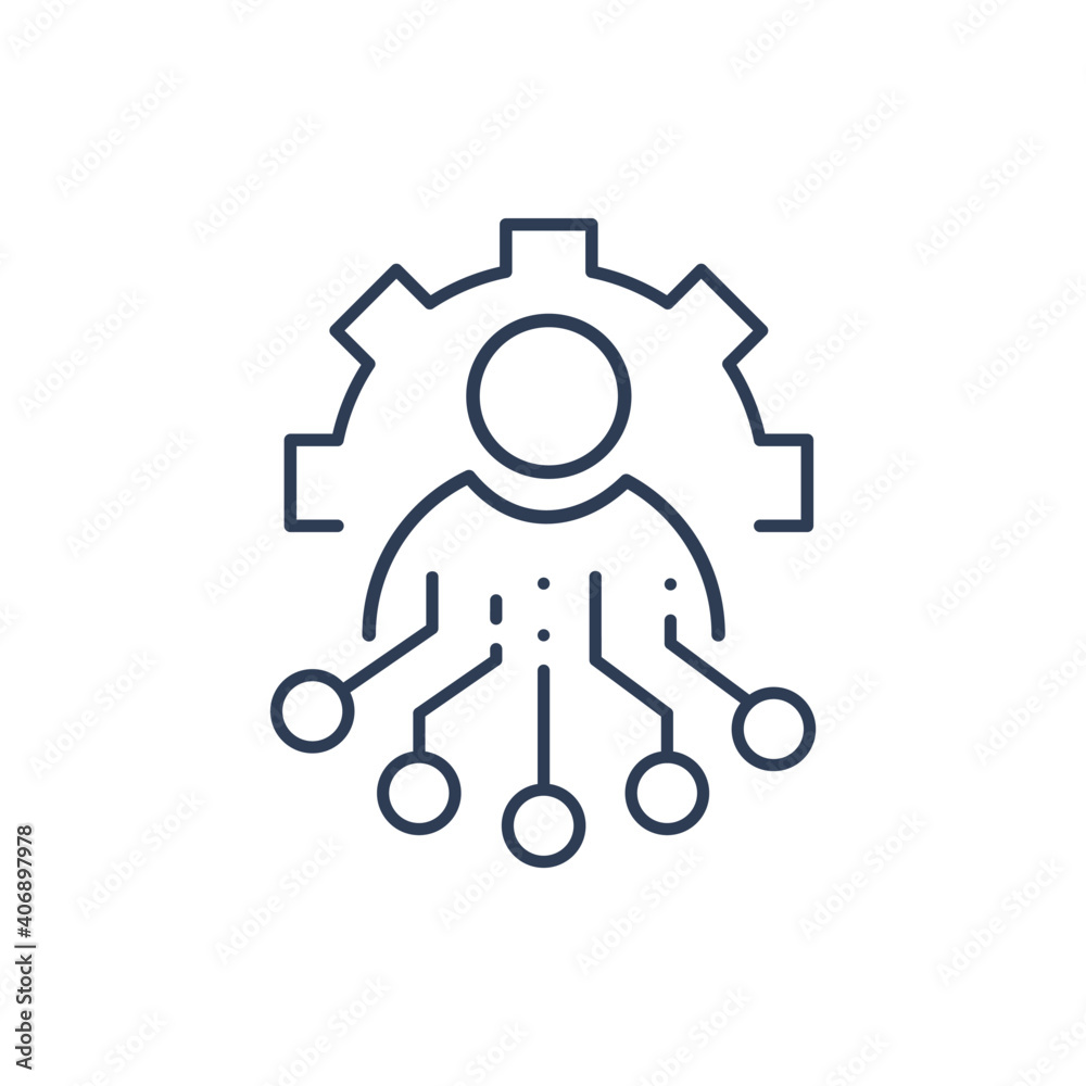 Human, electronics, gear. Management and control of technical resources. Vector linear icon isolated on white background. Human, electronics, gear. Management and control of technical resources. Vector linear icon isolated on white background.