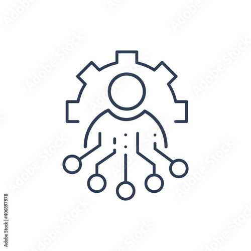 Human, electronics, gear. Management and control of technical resources. Vector linear icon isolated on white background.