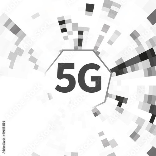 5g internet connection speed sign on abstract geometric black and white background.