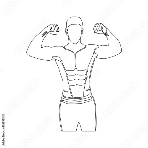 Continuous line of man flexing muscles and showing strong six packs vector.