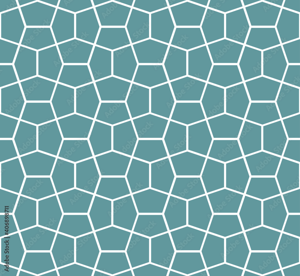 White outline overlapping pentagon tessellation repeat pattern on a blue-gray background, geometric vector illustration