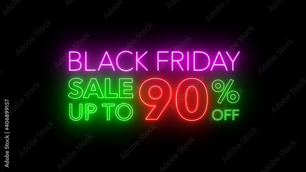 Animate flashing of black Friday sale up to percent off colorful neon blaze sign motion banner in black background for promote video. concept of promotion brand sale series 10-90%