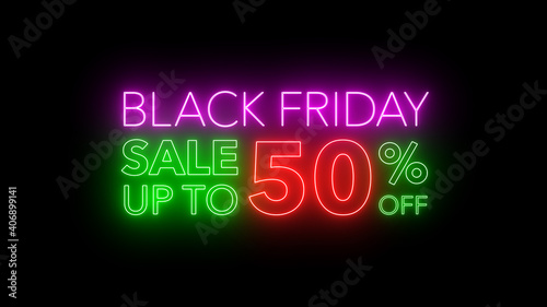 Εκτύπωση καμβά Animate flashing of black Friday sale up to percent off colorful neon blaze sign motion banner in black background for promote video