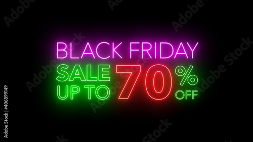 Animate flashing of black Friday sale up to percent off colorful neon blaze sign motion banner in black background for promote video. concept of promotion brand sale series 10-90%