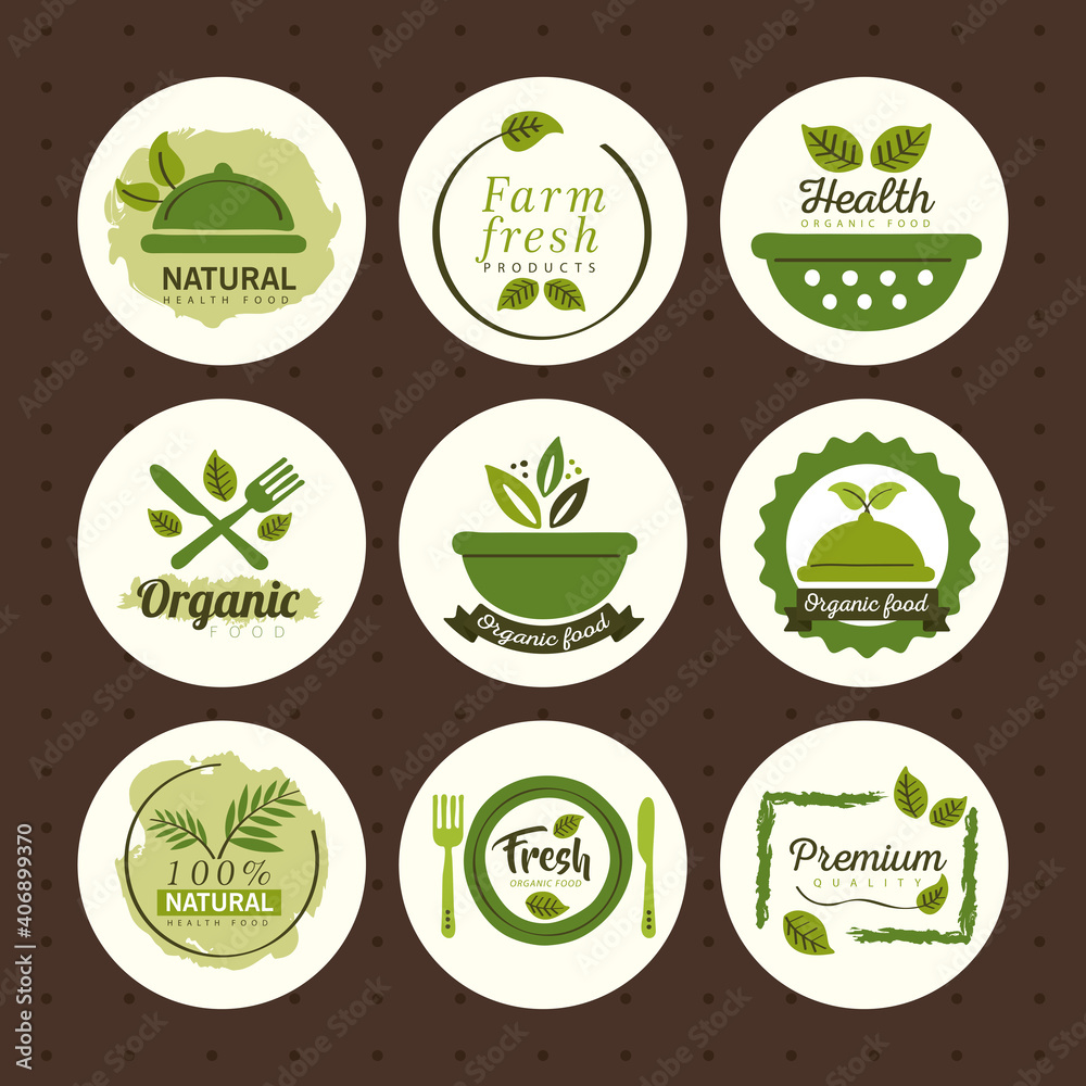organic food, set labels and badges with decoration organic food, set labels and badges with decoration